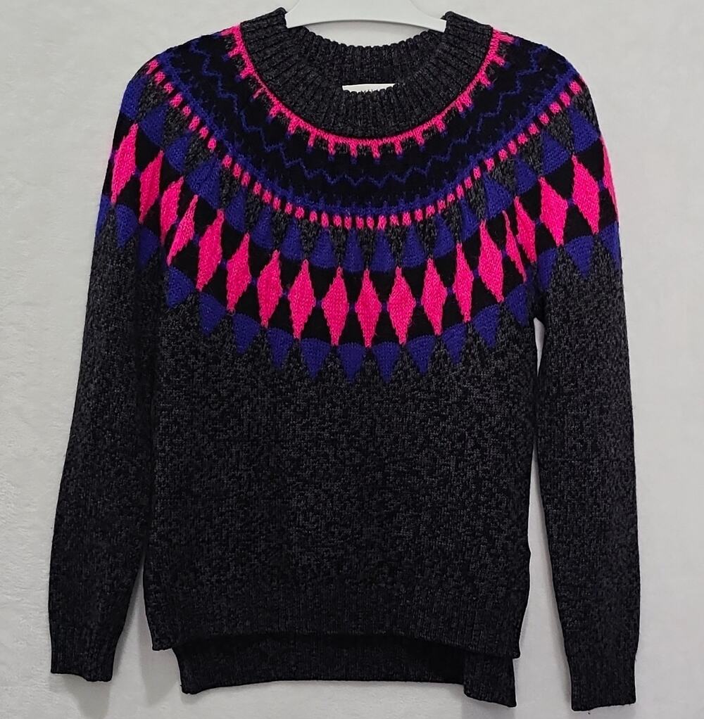 Milly NY Merino Wool Blend Fair Isle Sweater Neon Pink Black Grey Size P VGUC